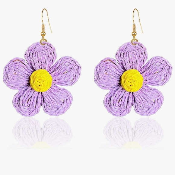 Lavender Yellow Raffia Flowers Oversized Statement Earrings Big Wicker Flower - Picture 2 of 4